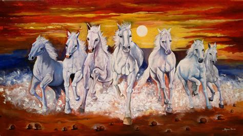 It Is A Beautiful Painting Of Seven Running White Horses The Artist