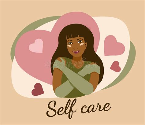 Self Care Cartoon Tanned Young Girl In Gloves Hugging Herself With