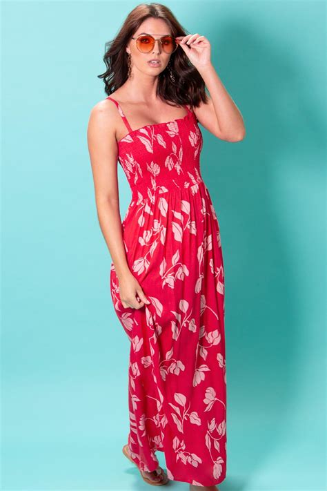 Removable Straps Shirred Bodice Maxi Dress Red Pink Pour Moi