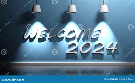 Welcome 2024 Write At Blue Wall With Lamps 3d Rendering Illustration