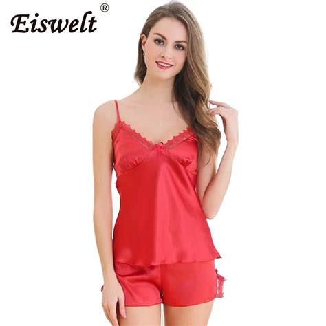 Eiswelt Two Piece Set Women Sleepwear Silk Pajamas Set Sexy Chest Pad Nightwear Women 2018