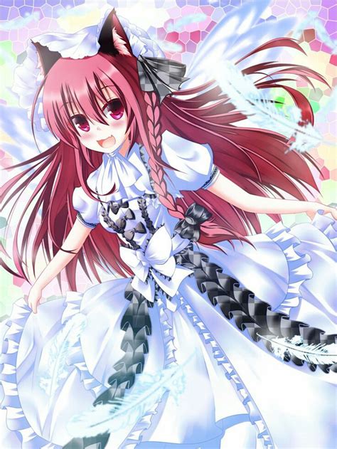 Red Hair Red Eyes Long Hair Cat Ear White Dress Anime Girl