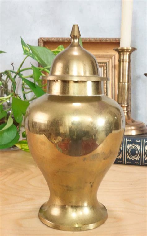 Vintage Brass Ginger Jar Retro Brass Urn Lidded Chinoiserie Asian