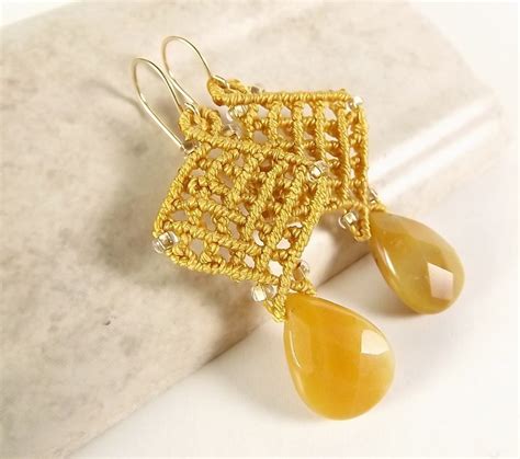 Macrame Earrings Yellow Jasper Briolette Earrings With Marigold Thread