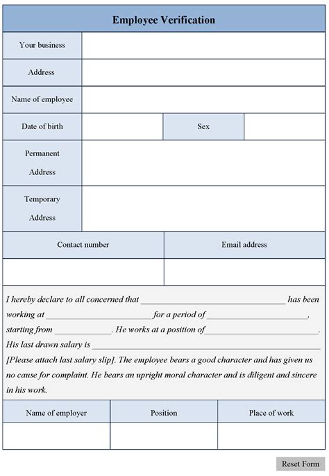 Printable Downloadable Employment Verification Form