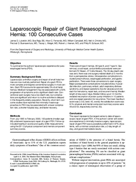 Pdf Laparoscopic Repair Of Giant Paraesophageal Hernia 100