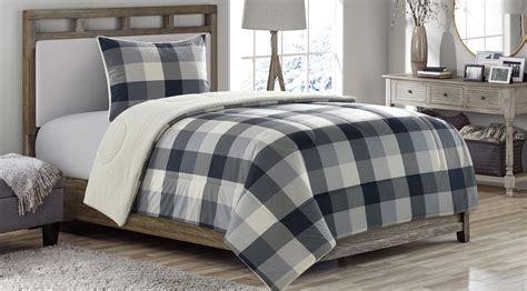 Mainstays Grey Plaid Flannel Polyester Fill Comforter Set With Sherpa
