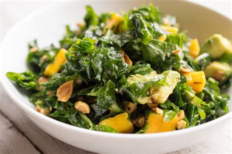 Top with chicken, mango, onion, pepper, and greens. Massaged Kale Salad with Mango, Avocado, and Hazelnuts ...