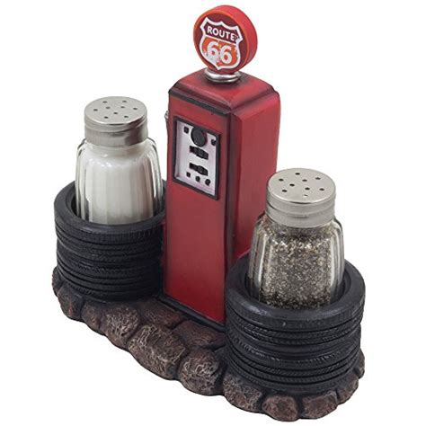 vintage gas station filling pump salt and pepper shaker set with decorative car tires and route 66