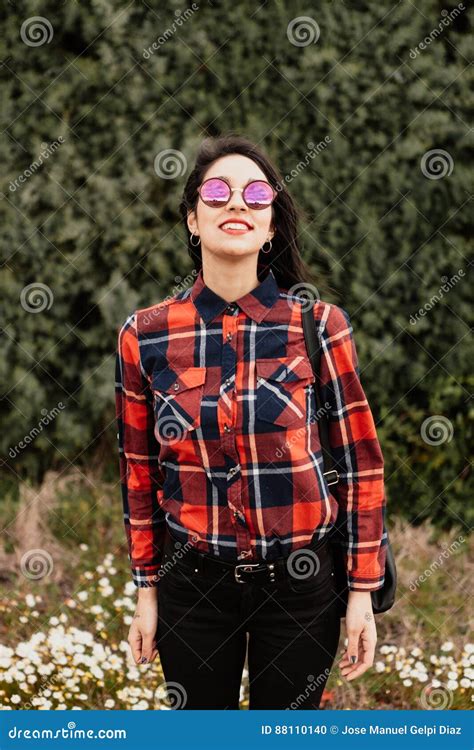 Pretty Brunette Girl With Red Plaid Shirt Stock Photo Image Of Happy