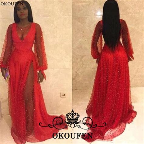 Luxury Heavy Beading Red Evening Dress 2019 Bishop Long Sleeves Sheer