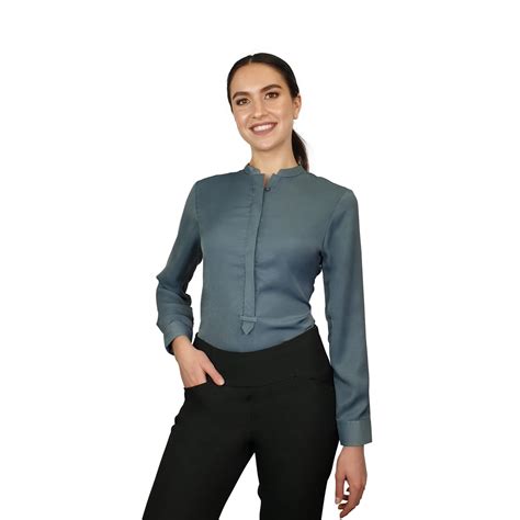 francesca mandarin collar blouse slate blue long sleeve uniform edit