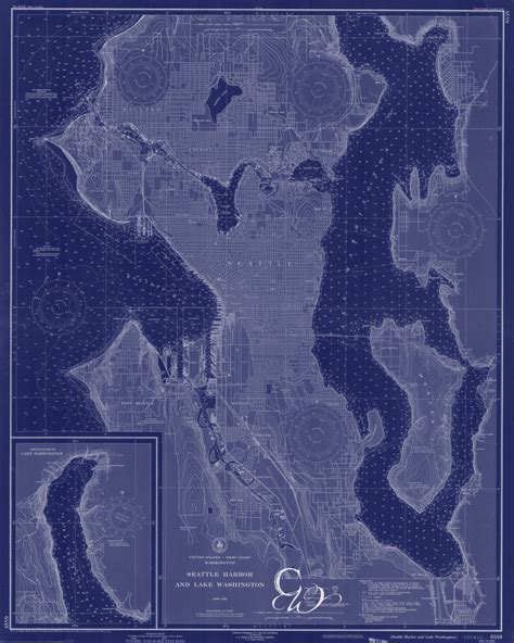 Seattle And Lake Washington Nautical Chart Map 1948 Blue Etsy
