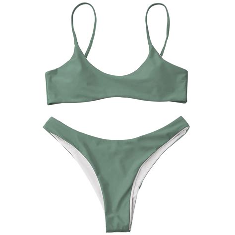 Zaful Bikini Padded High Cut Scoop Bikini Set Solid Color Spaghetti Straps Summer Swimsuit Women