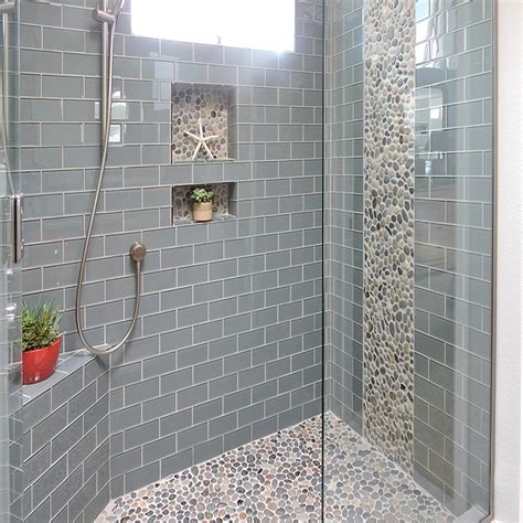 Create your own pebble shower floor! Bali Ocean Pebble Tile Shower Floor with Accents - Subway ...