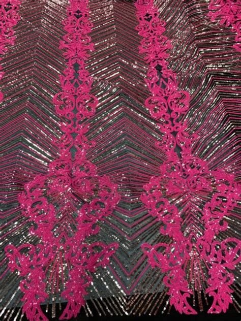 Neon Pink 4 Way Stretch Sequins Embroider Lace On Black Mesh Fabric By