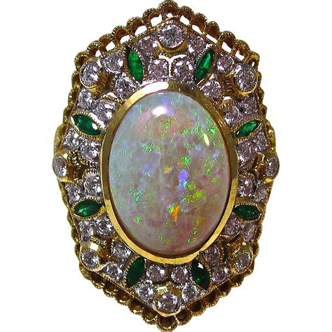 Vintage Estate Opal Emerald Diamond Engagement Wedding