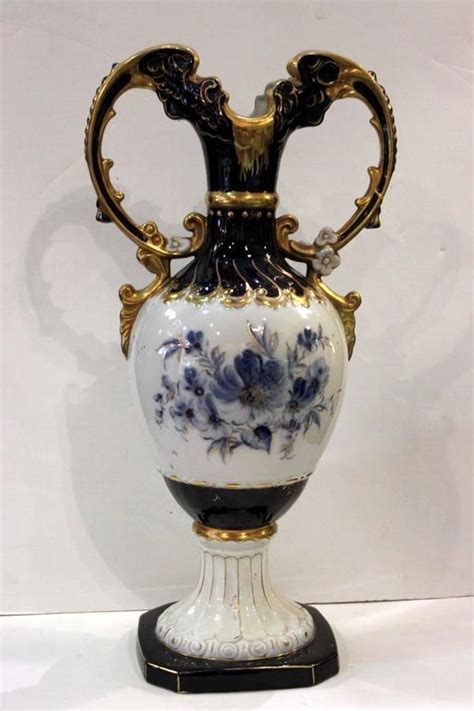 Pair Of Royal Dux Hand Painted Cobalt And Gilt Mantle Urns At Stdibs