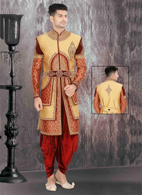 Buy Red Brocade Wedding Wear Embroidery Work Sherwani Online From