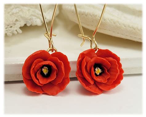 Red Poppy Drop Earrings Red Poppy Dangle Earrings Stranded Treasures