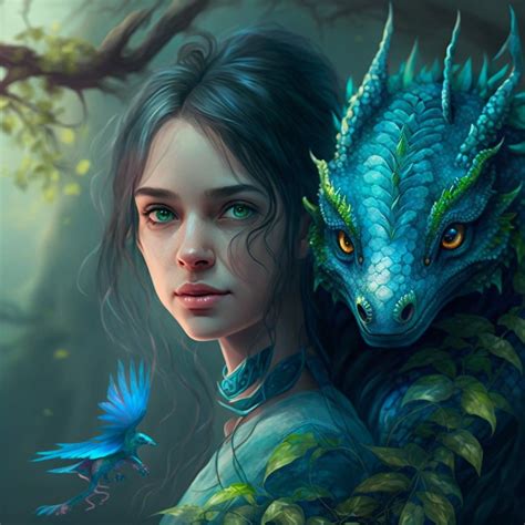 A Painting Of A Woman And A Dragon In The Forest With One Bird Perched On Her Shoulder