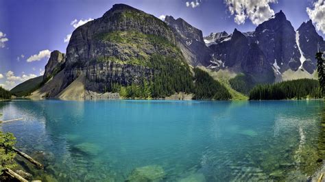 Blue Lake And Green And Gray Mountains Landscape Hd Wallpaper