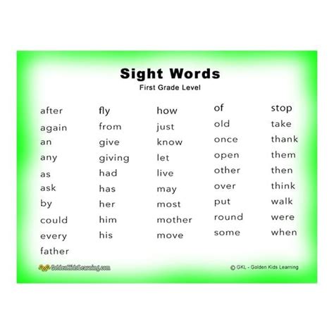 1st Grade Sight Words Printable List Gkl Golden Kids
