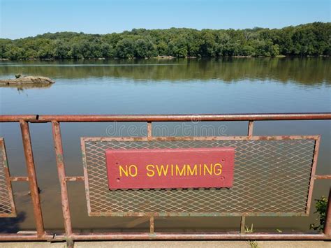 No Swimming Sign On Metal Fence With River Stock Photo Image Of Lake