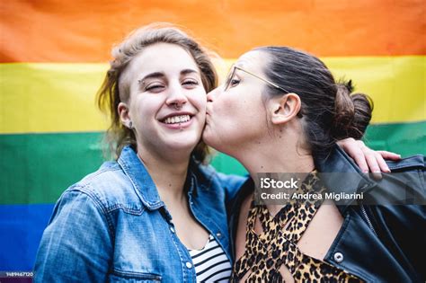 Lgbt People Activist For Equality And Rights Two Lesbian Women Kissing Mixed Age Range Fluid