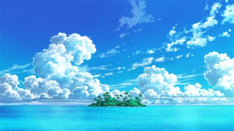 Download 1920x1080 Anime Island Ocean Clouds Sky