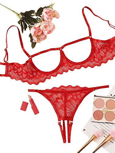 Sweatyrocks Womens Sexy Lace Cut Out Lingerie Set 2 Piece Underwire Bra And Panty Red L