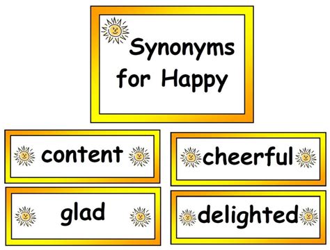 Synonyms Display Vocabulary Cards For Happy