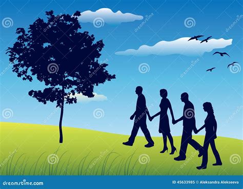 Four Friends Holding For Hands And Walking On Field Stock Vector