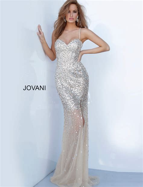 Jovani Nude Crystal Embellished High Slit Dress
