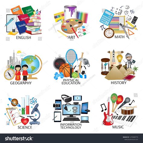 School Subject Icons English Art Math Geography Physical