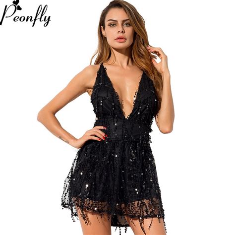 Peonfly Fashion Backless Sequin Dress Women Sexy Deep V Neck Cocktail Party Short Mini Dress