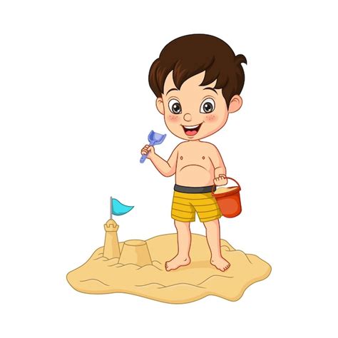 Premium Vector Cartoon Boy Making Sand Castles On A Beach