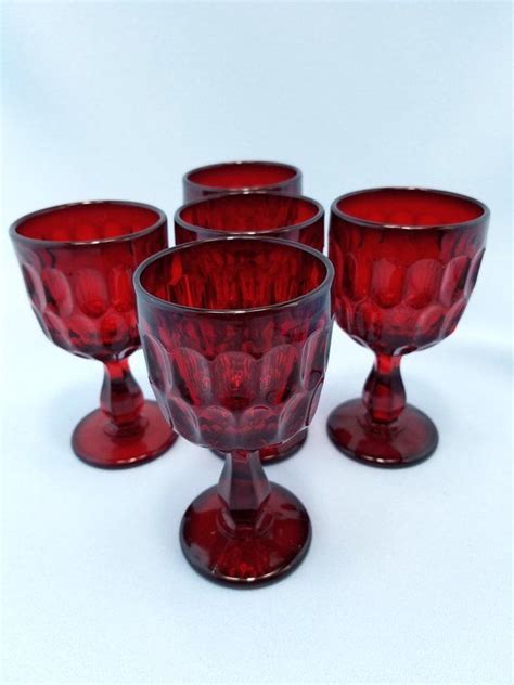 Thumbprint Ruby By Fenton Set Of 5 Red Goblets Glass Stemware Wine Glasses Glass Stemware