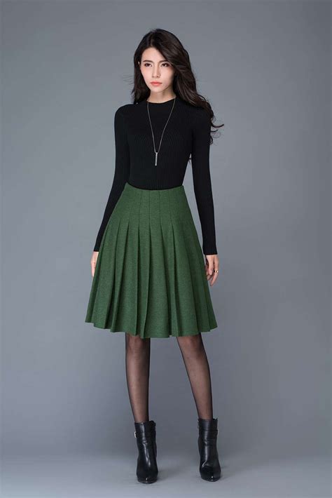 Wool Skirt Wool Midi Skirt In Green Pleated Wool Skirt High Etsy