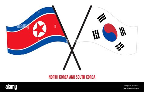 North Korea And South Korea Flags Crossed And Waving Flat Style