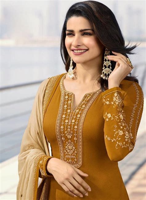 Prachi Desai Mustard Silk Georgette Straight Cut Churidar Suit Salwar Kameez Designer Collection