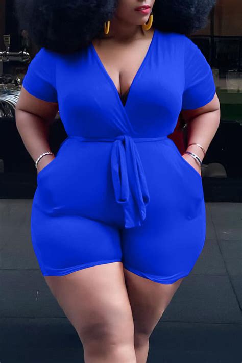 Blue Casual Solid Bandage Patchwork V Neck Plus Size Jumpsuitsplus