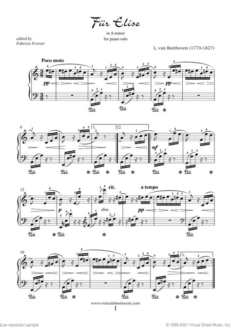 Free Fur Elise Sheet Music For Piano By Beethoven High Quality