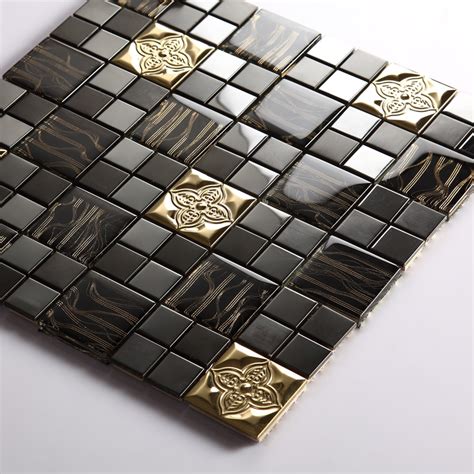 Glass Mix Metal Mosaic Tile Patterns Metallic Bathroom Wall Tiles Black