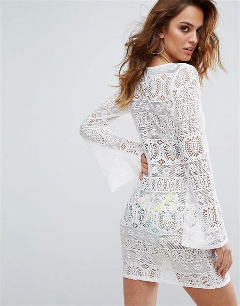 Boohoo Crochet Flare Sleeve Beach Dress White Latest Fashion