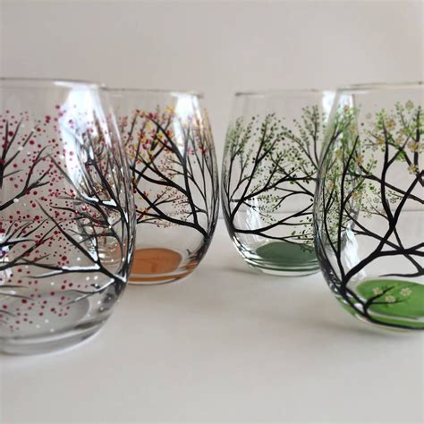 Set Of Four Seasons Stemless Hand Painted Wine Glasses By