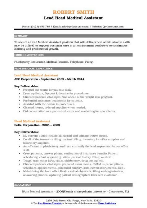 Resume format medical creative images. Head Medical Assistant Resume Samples | QwikResume