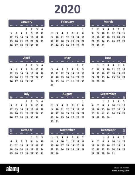 Simple Editable Vector Calendar For Year 2020 Stock Vector Image And Art
