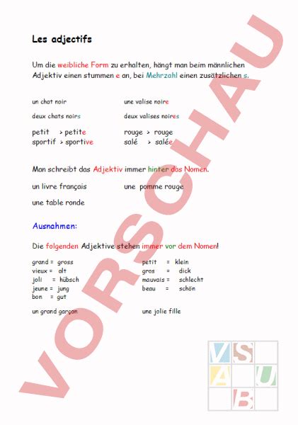 Arbeitsblatt Les Adjectifs Französisch Grammatik