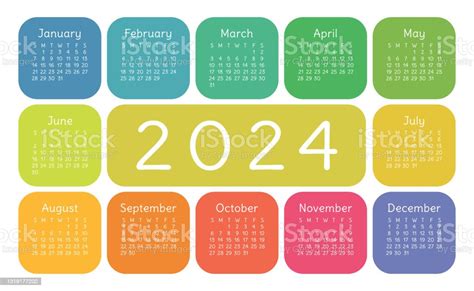 Ilustración De Calendario 2024 Año Inglés Colorido Vector Horizontal